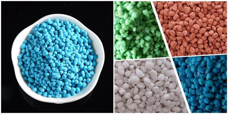 在挤出的颗粒肥料具有不同的颜色，以及累积颗粒的形状也不同，具有大和小的，相对的角。