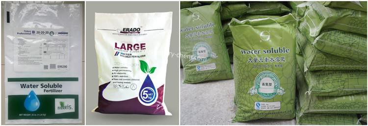 水溶性肥料的包装有彩色袋、编织袋和塑料袋三种。产品规格多样，满足了市场的个性化选择。仓储、运输符合市场标准
