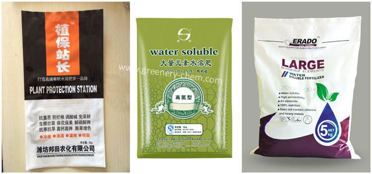 有三种水溶性肥料包装，包括彩色袋，编织袋和塑料袋。产品规格是各种各样的，符合市场的个性化选择。储存和运输符合市场标准。